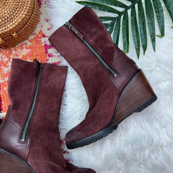 Sorel Red Burgundy Leather After Hours Mid Calf Wedge Boot 8 Bootie Fall Winter - Picture 6 of 9